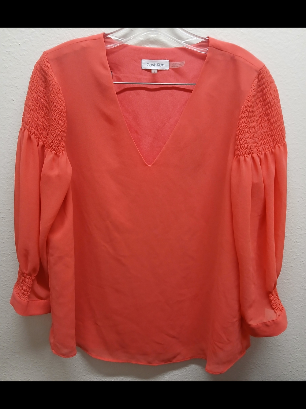 Calvin Klein Coral V-Neck Smocked Sleeve Blouse